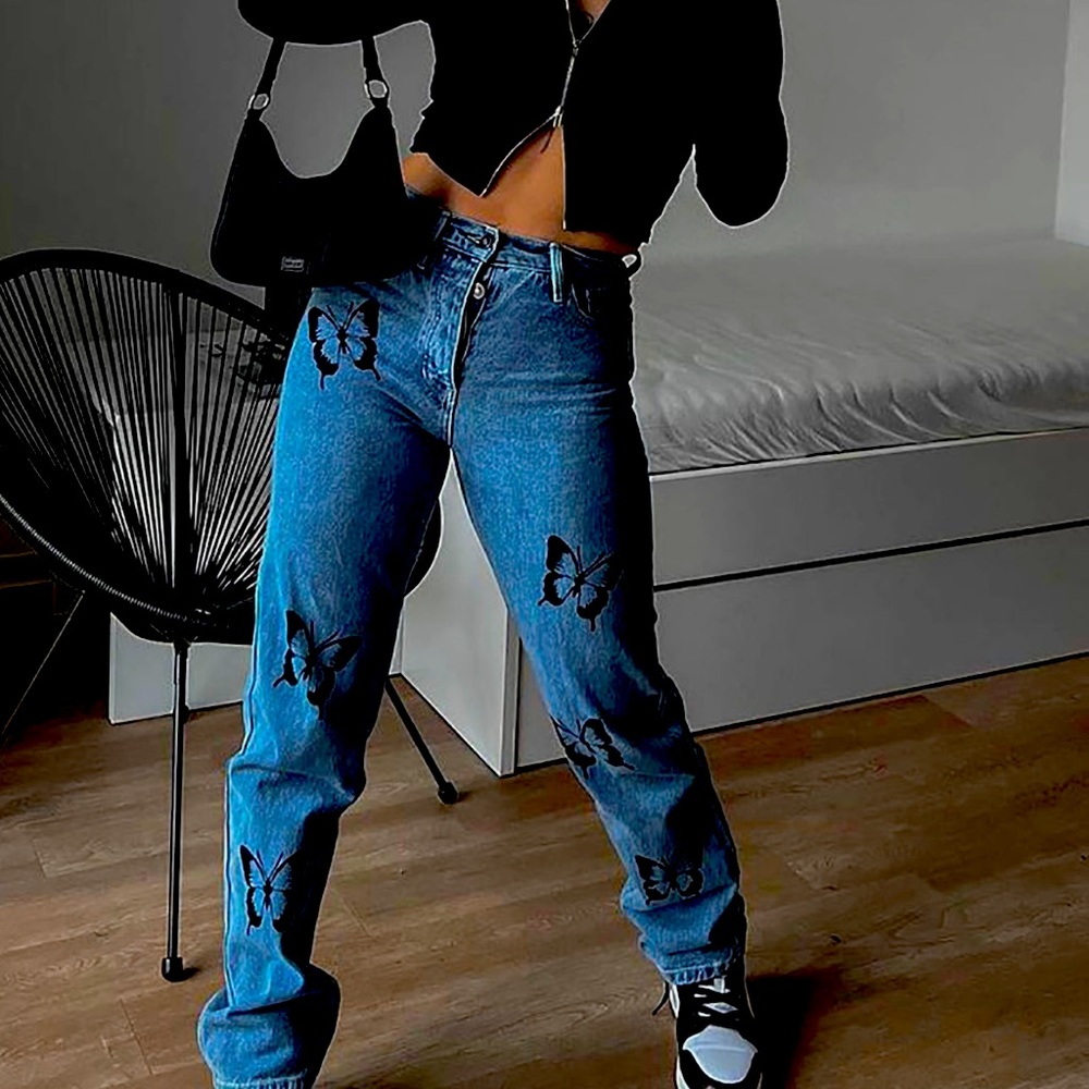 Butterfly Print Straight Leg Jeans